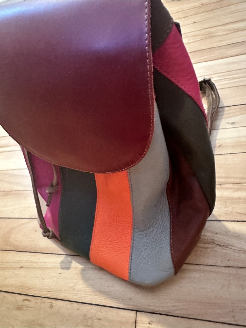 Multicolor Leather Patchwork Drawstring Backpack - Pink/Maroon - Picture 2 of 9